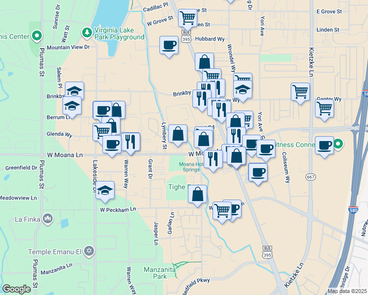 map of restaurants, bars, coffee shops, grocery stores, and more near 255 West Moana Lane in Reno