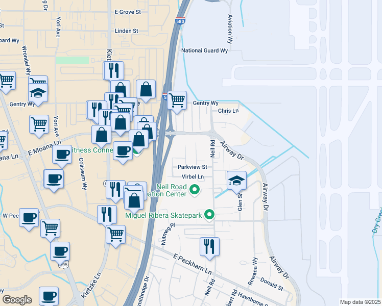 map of restaurants, bars, coffee shops, grocery stores, and more near 3512 Carlos Lane in Reno