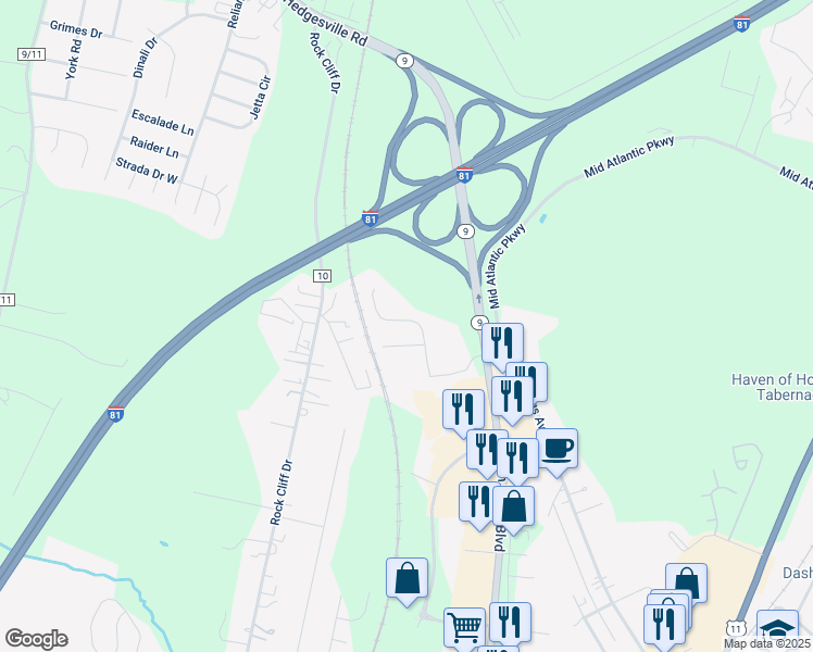 map of restaurants, bars, coffee shops, grocery stores, and more near 81 Mossy Lane in Martinsburg