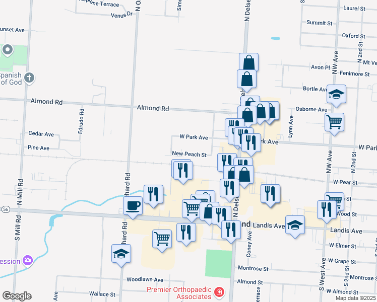 map of restaurants, bars, coffee shops, grocery stores, and more near 1138 New Peach Street in Vineland