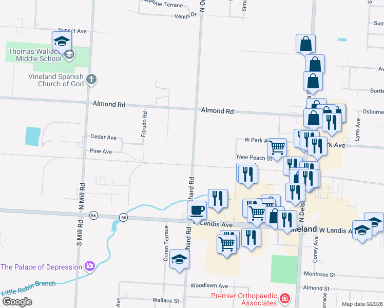 map of restaurants, bars, coffee shops, grocery stores, and more near 300 North Orchard Road in Vineland