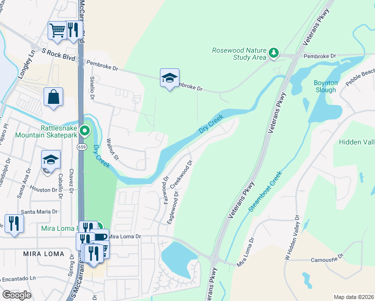 map of restaurants, bars, coffee shops, grocery stores, and more near 3005 Fairwood Drive in Reno