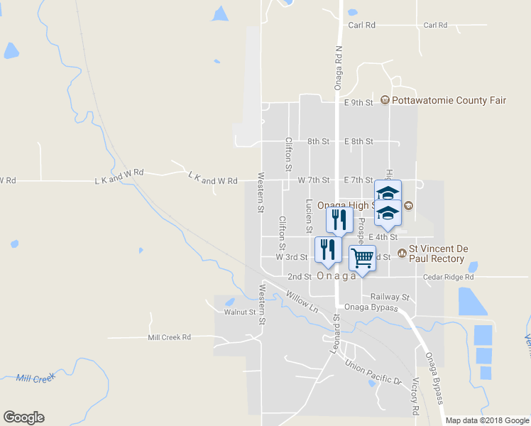 map of restaurants, bars, coffee shops, grocery stores, and more near 500 Western Street in Onaga