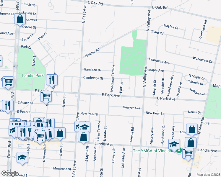 map of restaurants, bars, coffee shops, grocery stores, and more near 508 Broadlawn Terrace in Vineland