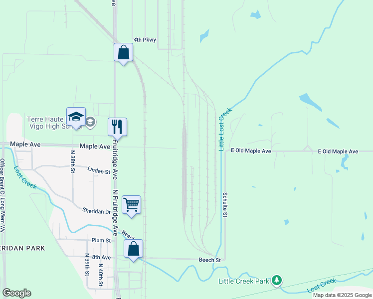 map of restaurants, bars, coffee shops, grocery stores, and more near 4498 Maple Avenue in Terre Haute