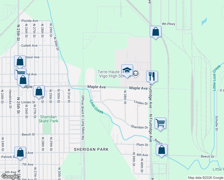 map of restaurants, bars, coffee shops, grocery stores, and more near in Terre Haute