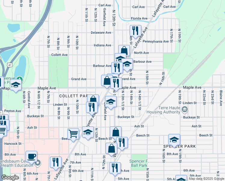 map of restaurants, bars, coffee shops, grocery stores, and more near in Terre Haute