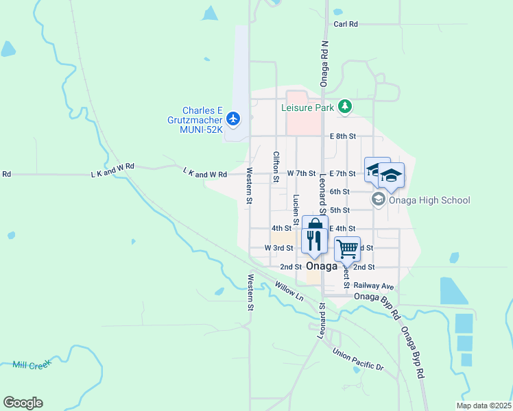 map of restaurants, bars, coffee shops, grocery stores, and more near 500 Western Street in Onaga