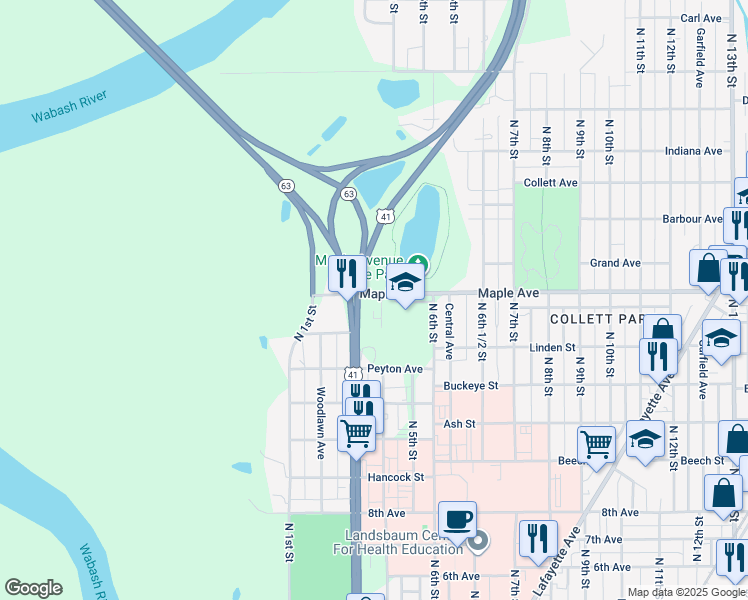 map of restaurants, bars, coffee shops, grocery stores, and more near 2060 North 4th Street in Terre Haute