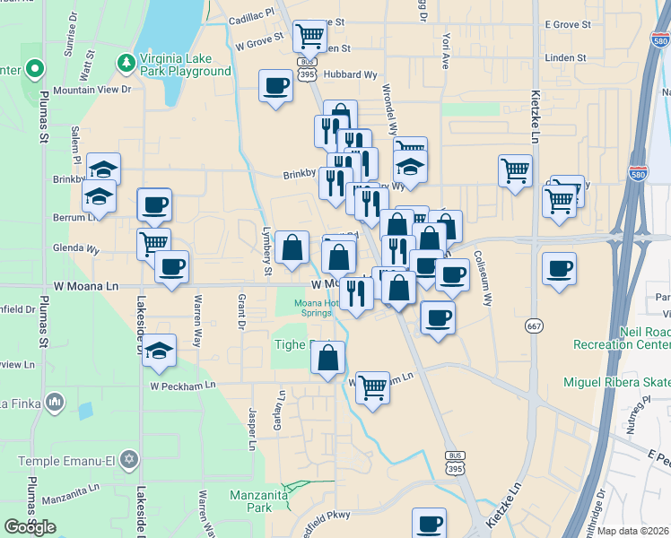 map of restaurants, bars, coffee shops, grocery stores, and more near 3380 Smith Drive in Reno