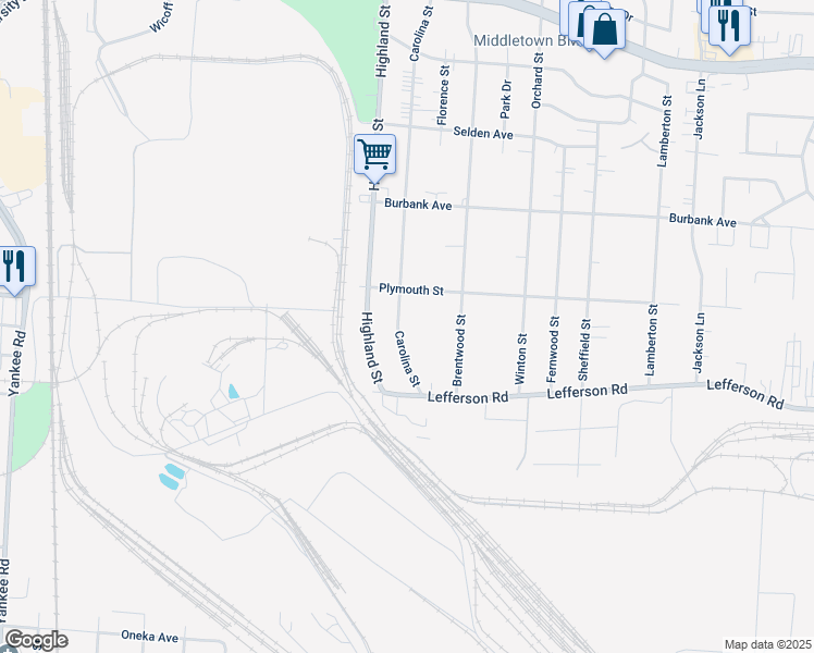 map of restaurants, bars, coffee shops, grocery stores, and more near 2129 Carolina Street in Middletown