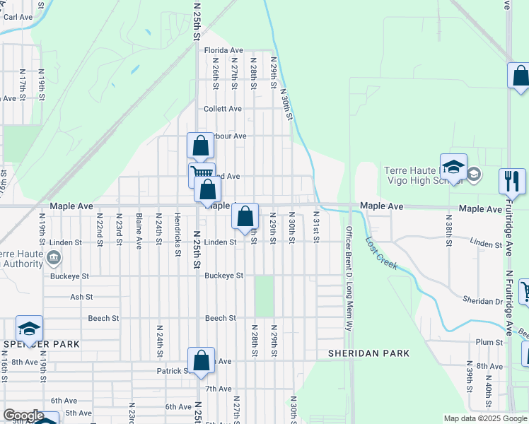 map of restaurants, bars, coffee shops, grocery stores, and more near 2815 Maple Avenue in Terre Haute
