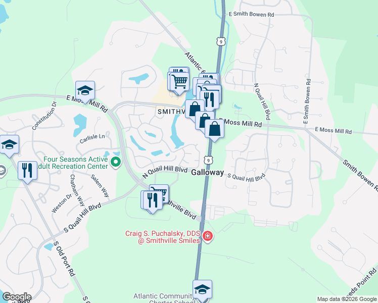 map of restaurants, bars, coffee shops, grocery stores, and more near 10 Waterview Drive in Galloway