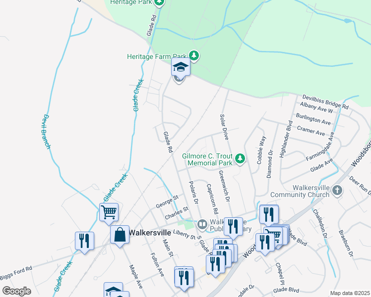 map of restaurants, bars, coffee shops, grocery stores, and more near 209 Polaris Drive in Walkersville
