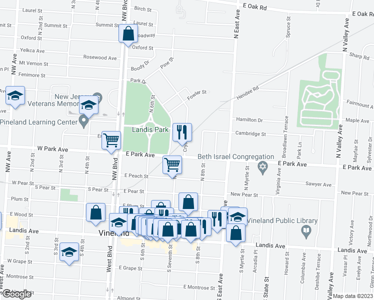map of restaurants, bars, coffee shops, grocery stores, and more near 511 Crystal Avenue in Vineland