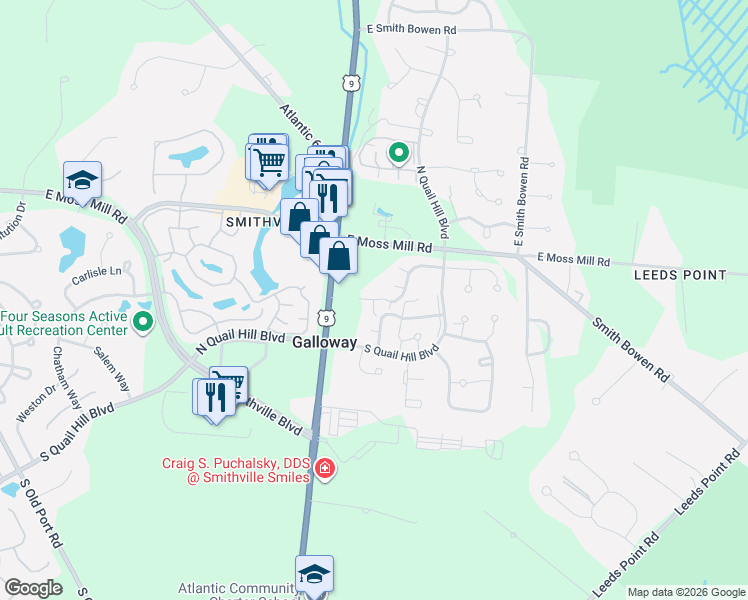 map of restaurants, bars, coffee shops, grocery stores, and more near 13 Pheasant Meadow Drive in Galloway