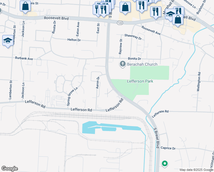 map of restaurants, bars, coffee shops, grocery stores, and more near 2044 South Breiel Boulevard in Middletown
