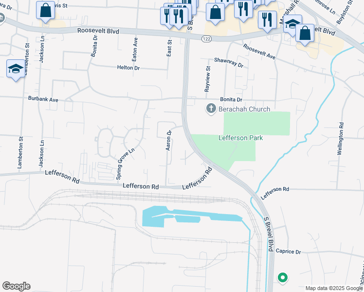 map of restaurants, bars, coffee shops, grocery stores, and more near 2044 South Breiel Boulevard in Middletown