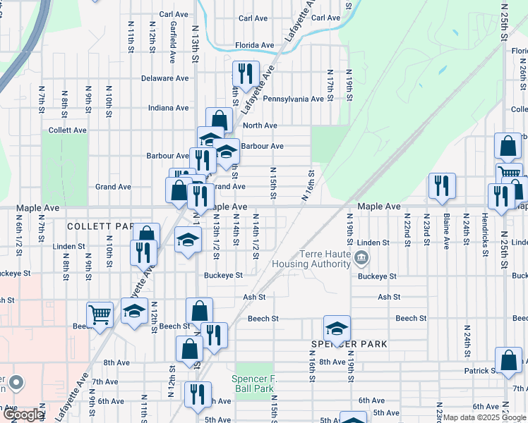 map of restaurants, bars, coffee shops, grocery stores, and more near 2201-2213 N 15th St in Terre Haute