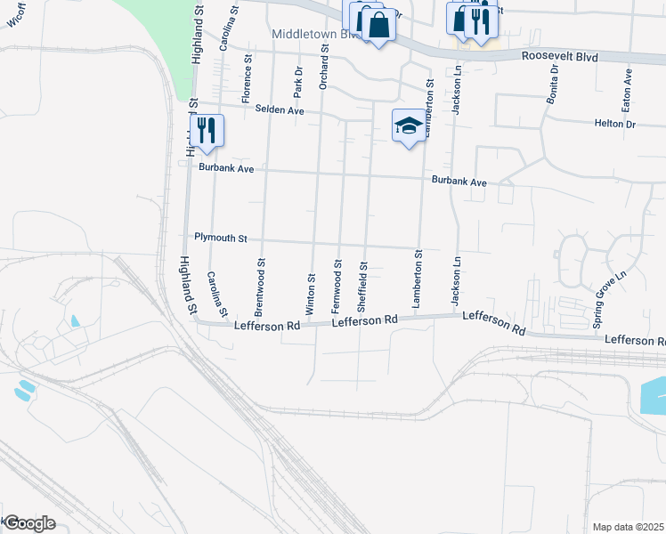 map of restaurants, bars, coffee shops, grocery stores, and more near 2120 Fernwood Street in Middletown