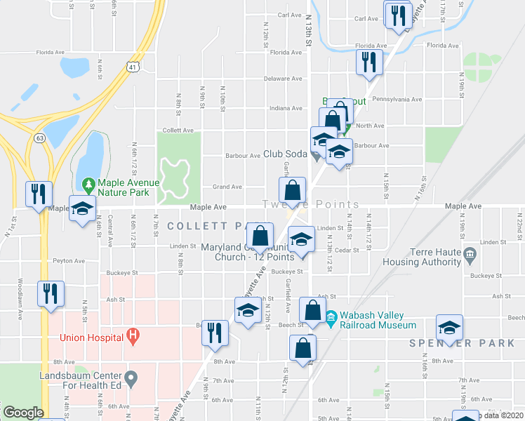 map of restaurants, bars, coffee shops, grocery stores, and more near 1131 Maple Avenue in Terre Haute