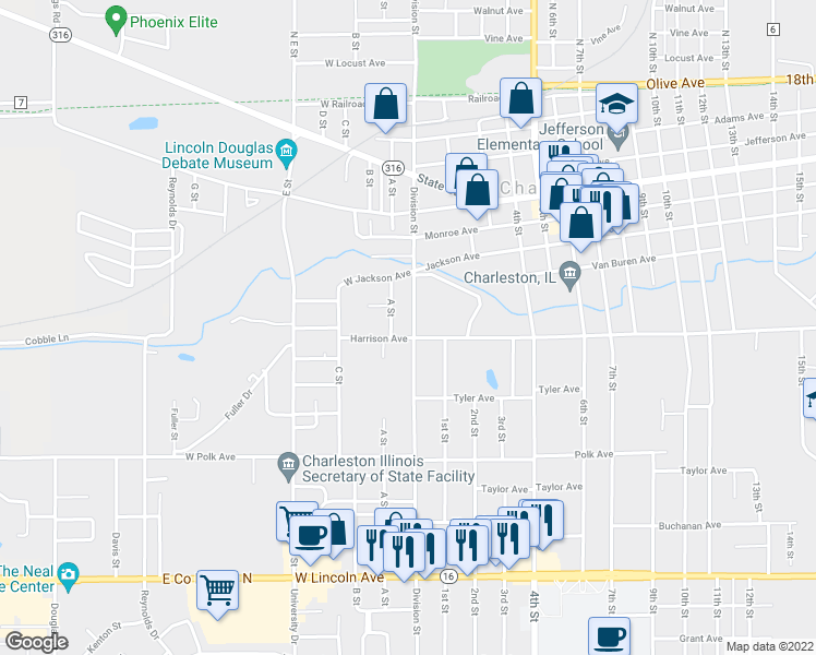 map of restaurants, bars, coffee shops, grocery stores, and more near 654 Division Street in Charleston