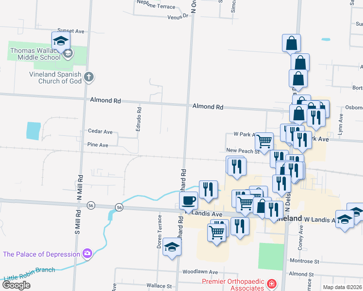 map of restaurants, bars, coffee shops, grocery stores, and more near 300 North Orchard Road in Vineland