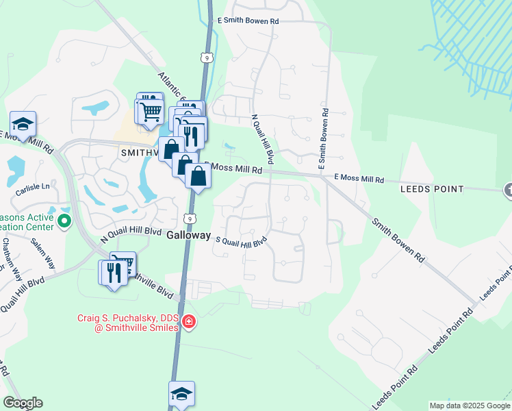 map of restaurants, bars, coffee shops, grocery stores, and more near 758 Cooper Ferry Court in Galloway