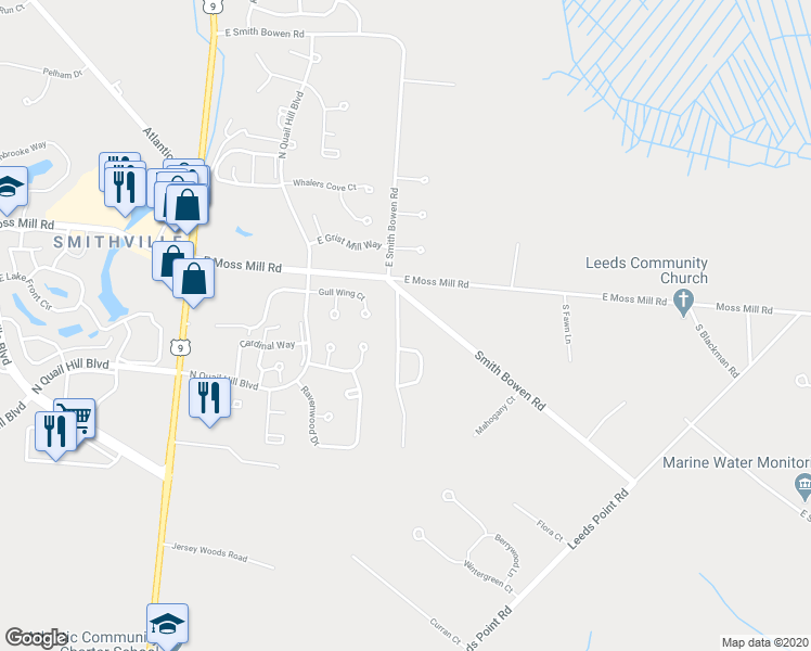 map of restaurants, bars, coffee shops, grocery stores, and more near 2 South Schooner Landing Road in Galloway