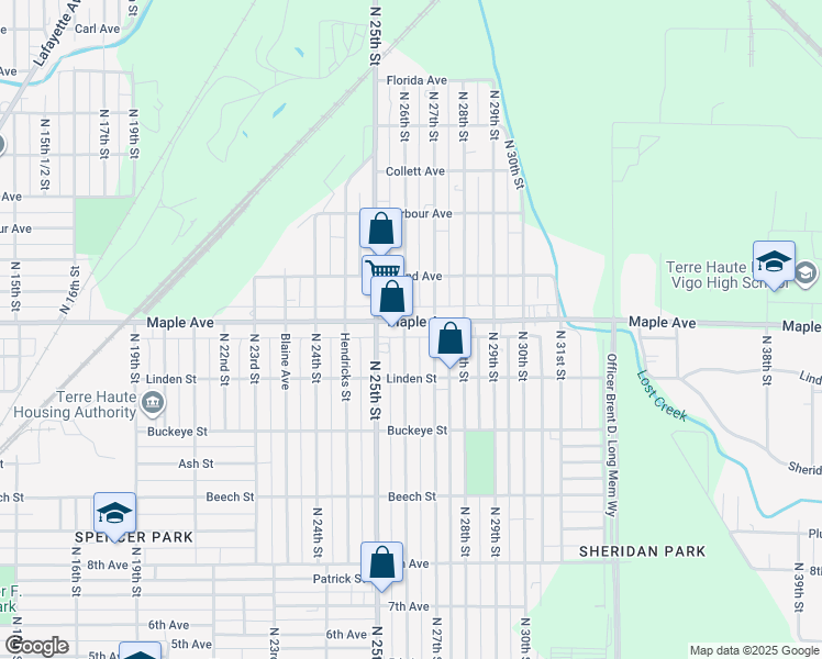 map of restaurants, bars, coffee shops, grocery stores, and more near 2601 Maple Avenue in Terre Haute