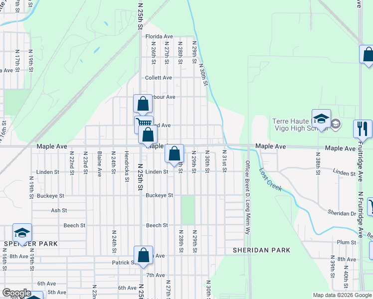 map of restaurants, bars, coffee shops, grocery stores, and more near 2815 Maple Avenue in Terre Haute