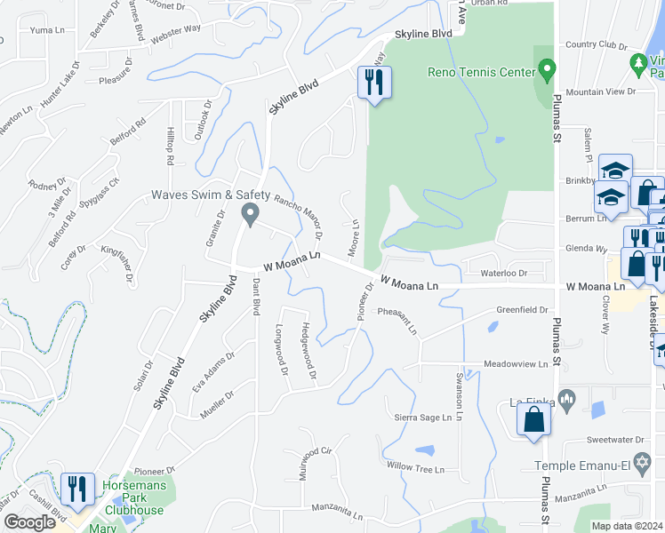 map of restaurants, bars, coffee shops, grocery stores, and more near 2570 West Moana Lane in Reno