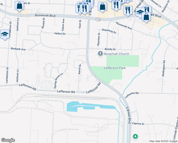 map of restaurants, bars, coffee shops, grocery stores, and more near 2044 South Breiel Boulevard in Middletown