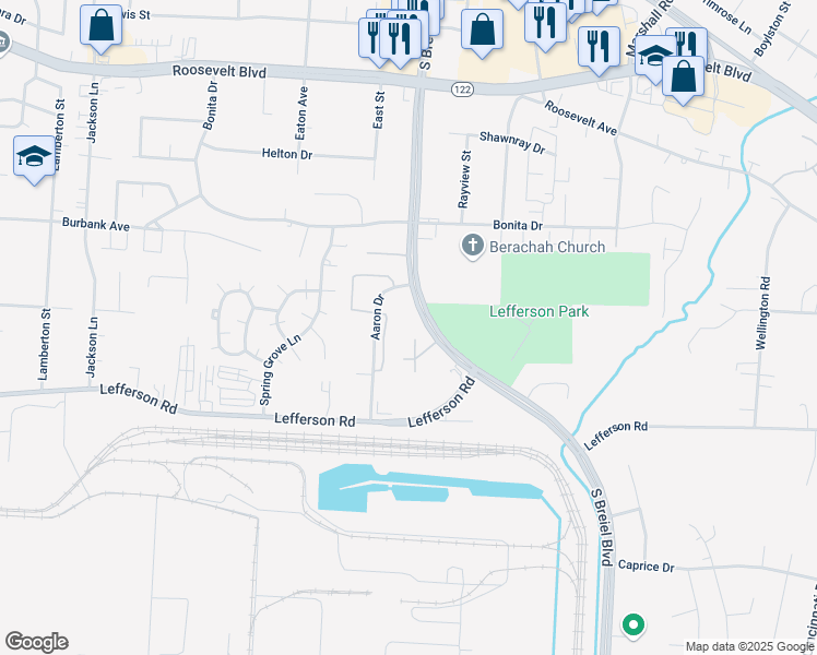 map of restaurants, bars, coffee shops, grocery stores, and more near 2044 South Breiel Boulevard in Middletown