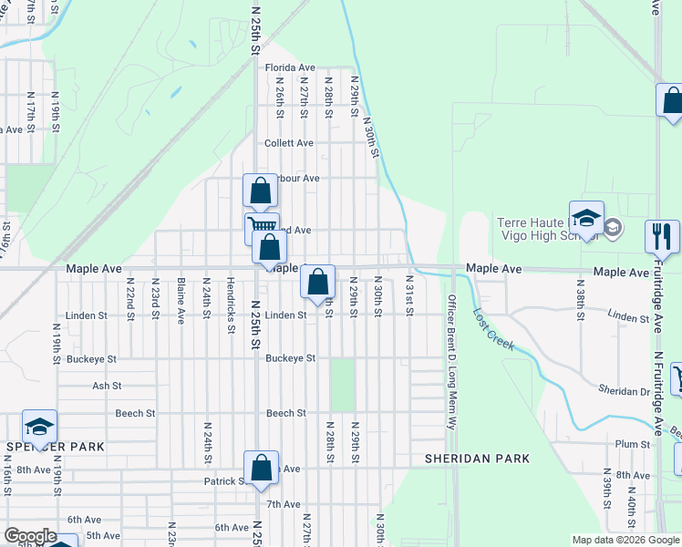 map of restaurants, bars, coffee shops, grocery stores, and more near 2813 Maple Avenue in Terre Haute