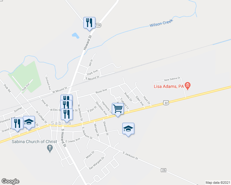 map of restaurants, bars, coffee shops, grocery stores, and more near 10 Flint Court in Sabina