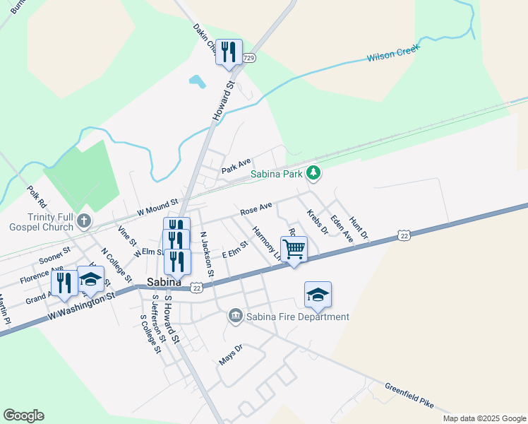map of restaurants, bars, coffee shops, grocery stores, and more near 300 Rose Avenue in Sabina