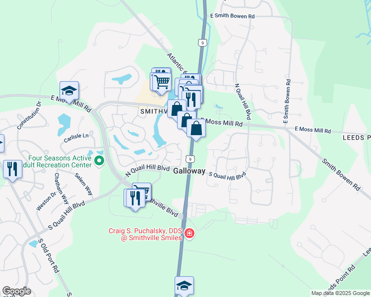 map of restaurants, bars, coffee shops, grocery stores, and more near 93 Waterview Drive in Absecon
