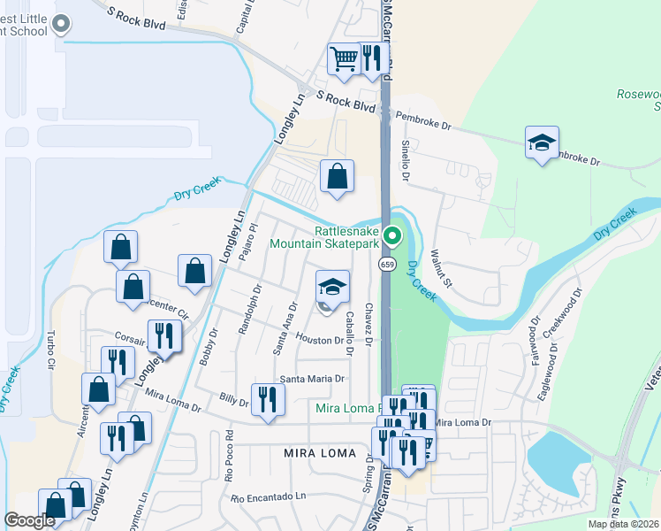 map of restaurants, bars, coffee shops, grocery stores, and more near 4359 Pescado Way in Reno