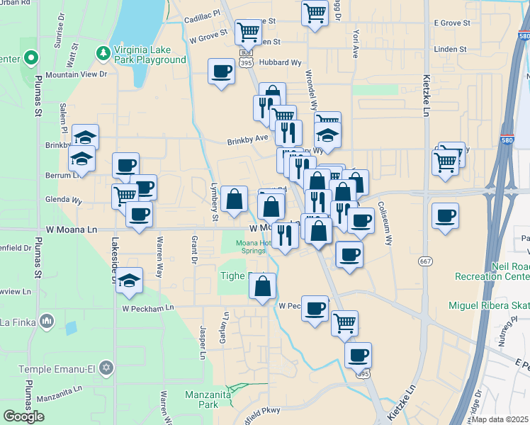 map of restaurants, bars, coffee shops, grocery stores, and more near 3350 Smith Drive in Reno
