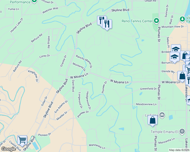 map of restaurants, bars, coffee shops, grocery stores, and more near 2570 West Moana Lane in Reno