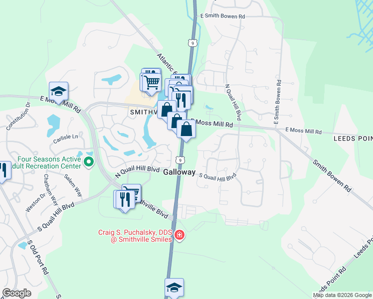 map of restaurants, bars, coffee shops, grocery stores, and more near 45 Pheasant Meadow Drive in Absecon