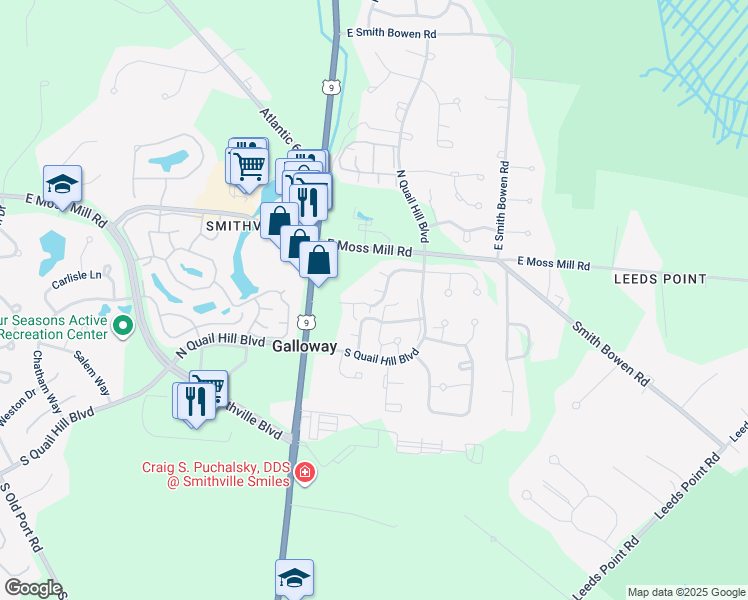 map of restaurants, bars, coffee shops, grocery stores, and more near 91 Pheasant Meadow Drive in Absecon