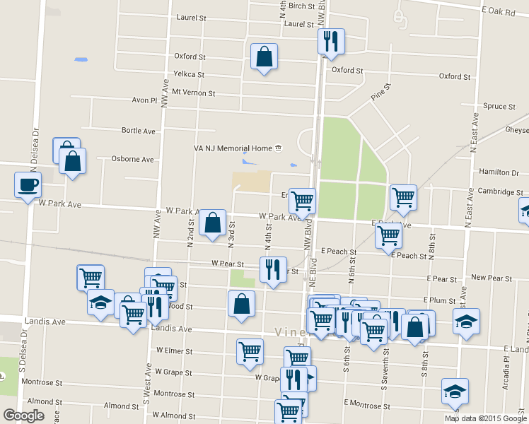 map of restaurants, bars, coffee shops, grocery stores, and more near 500 N 4th St in Vineland