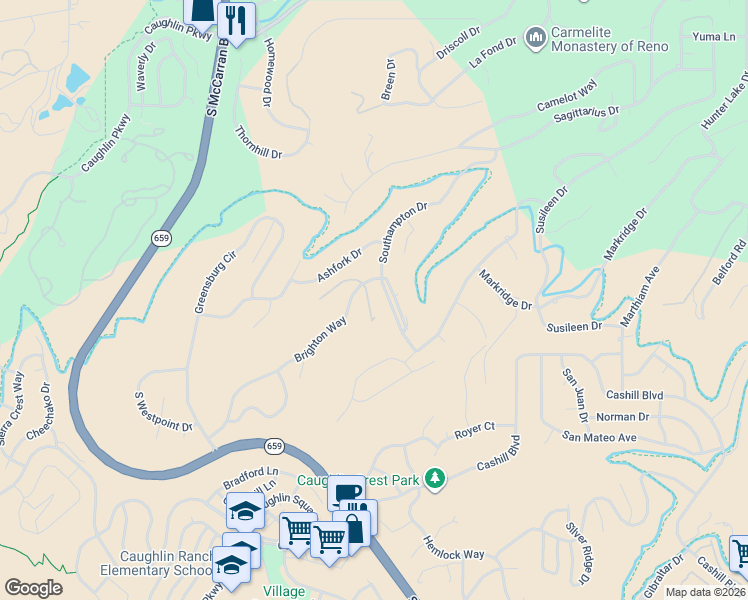 map of restaurants, bars, coffee shops, grocery stores, and more near 3420 Southampton Drive in Reno