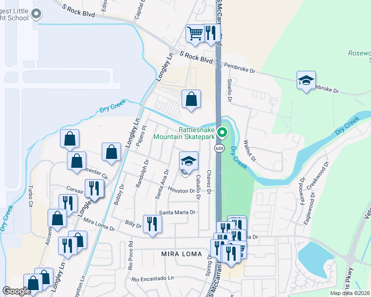 map of restaurants, bars, coffee shops, grocery stores, and more near 4349 Pescado Way in Reno