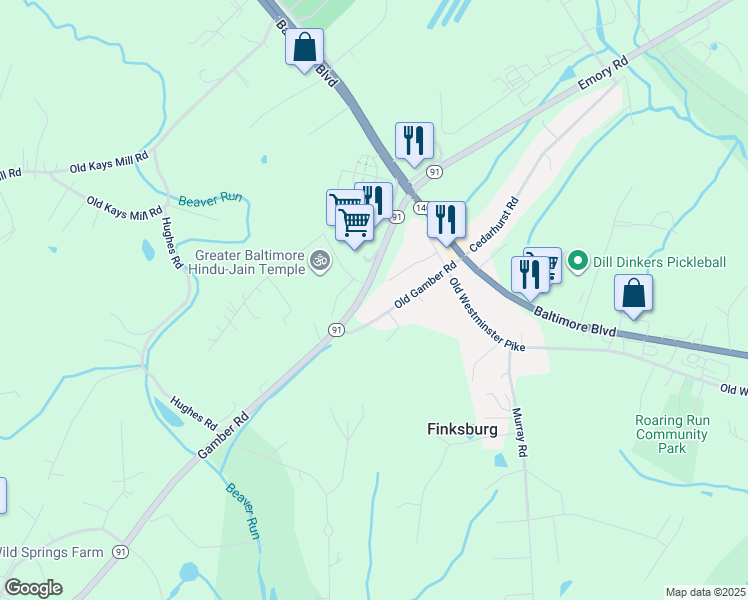 map of restaurants, bars, coffee shops, grocery stores, and more near 3040 Gamber Road in Finksburg