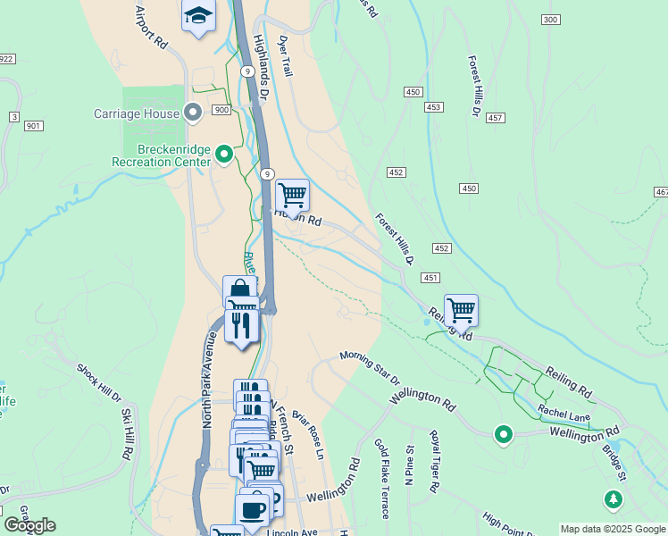 map of restaurants, bars, coffee shops, grocery stores, and more near 38 Magnum Bonum Drive in Breckenridge