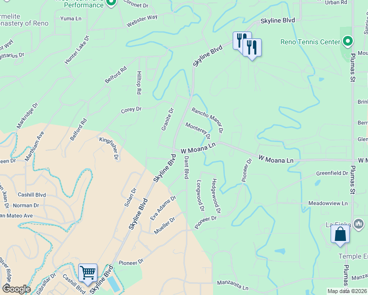 map of restaurants, bars, coffee shops, grocery stores, and more near 2925 West Moana Lane in Reno
