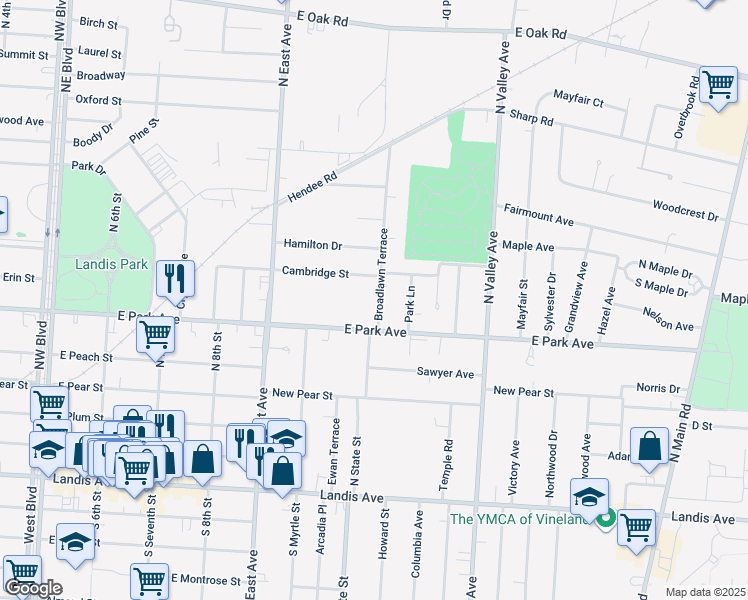 map of restaurants, bars, coffee shops, grocery stores, and more near 508 Broadlawn Terrace in Vineland